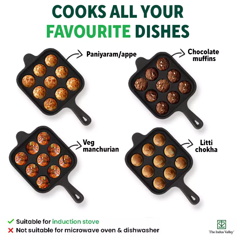 CASTrong Cast Iron Paniyaram/Appe Pan,Pre-seasoned, Naturally Nonstick, 100% Pure, Toxin-free, 9 Pit, 18cm, 2.4kg - Image 10