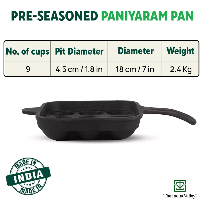 CASTrong Cast Iron Paniyaram/Appe Pan,Pre-seasoned, Naturally Nonstick, 100% Pure, Toxin-free, 9 Pit, 18cm, 2.4kg - Image 2