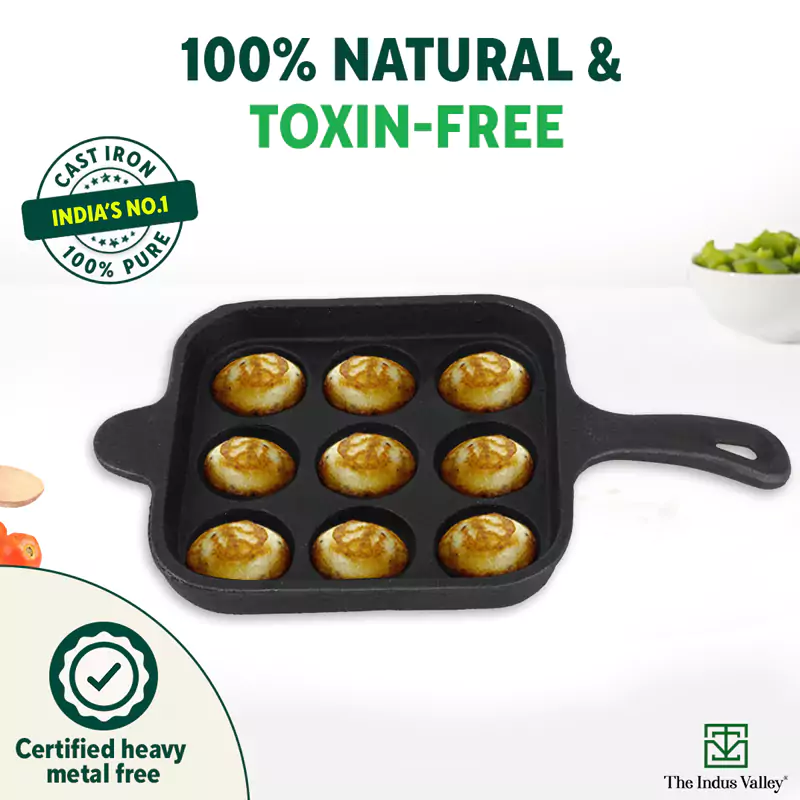 CASTrong Cast Iron Paniyaram/Appe Pan,Pre-seasoned, Naturally Nonstick, 100% Pure, Toxin-free, 9 Pit, 18cm, 2.4kg - Image 4