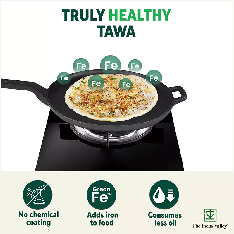 CASTrong Cast Iron Tawa With Long Handle 28.5cm, Pre-seasoned, Naturally Nonstick, 100% Pure, Toxin-free, Induction - Image 4