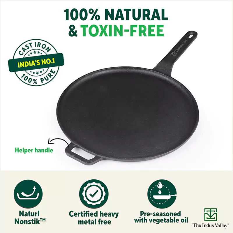 CASTrong Cast Iron Tawa With Long Handle 28.5cm, Pre-seasoned, Naturally Nonstick, 100% Pure, Toxin-free, Induction - Image 5