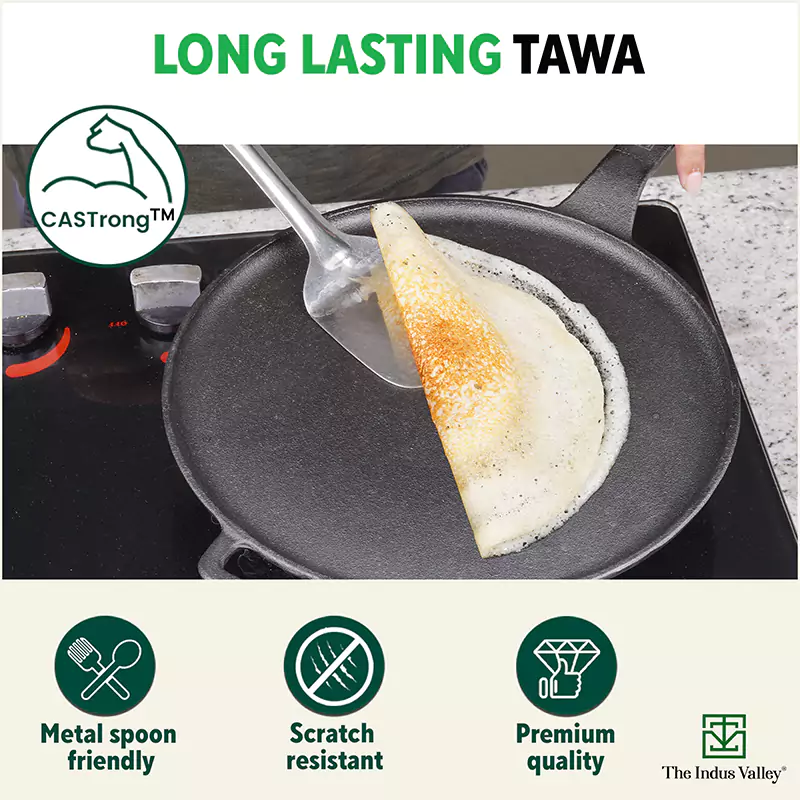 CASTrong Cast Iron Tawa With Long Handle 28.5cm, Pre-seasoned, Naturally Nonstick, 100% Pure, Toxin-free, Induction - Image 7