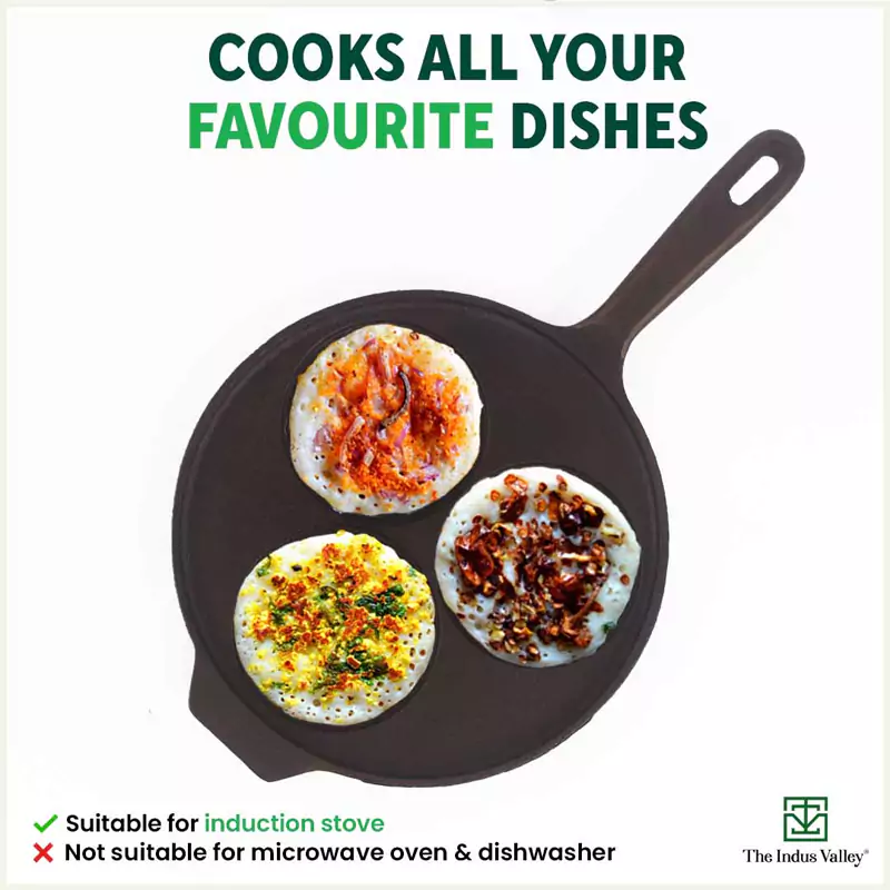 CASTrong Cast Iron Uttapam/ Set Dosa Tawa 23cm, 3 Pit, Pre-seasoned, 100% Pure, Toxin-free, Induction - Image 11
