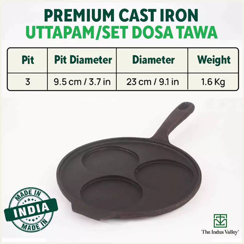 CASTrong Cast Iron Uttapam/ Set Dosa Tawa 23cm, 3 Pit, Pre-seasoned, 100% Pure, Toxin-free, Induction - Image 3