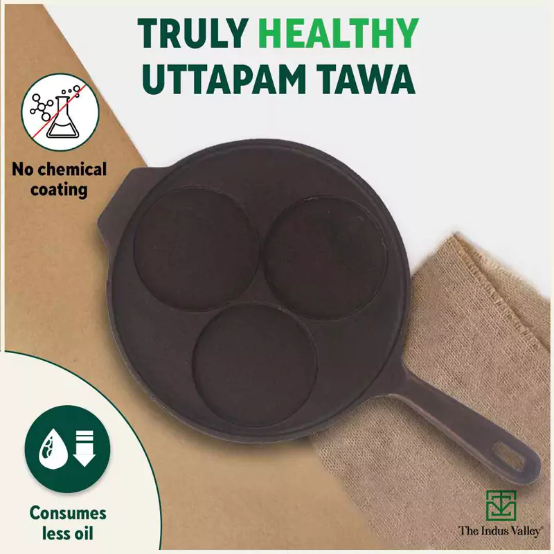 CASTrong Cast Iron Uttapam/ Set Dosa Tawa 23cm, 3 Pit, Pre-seasoned, 100% Pure, Toxin-free, Induction - Image 4
