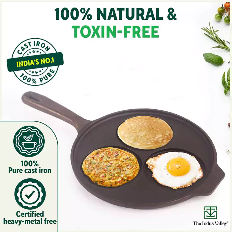 CASTrong Cast Iron Uttapam/ Set Dosa Tawa 23cm, 3 Pit, Pre-seasoned, 100% Pure, Toxin-free, Induction - Image 5