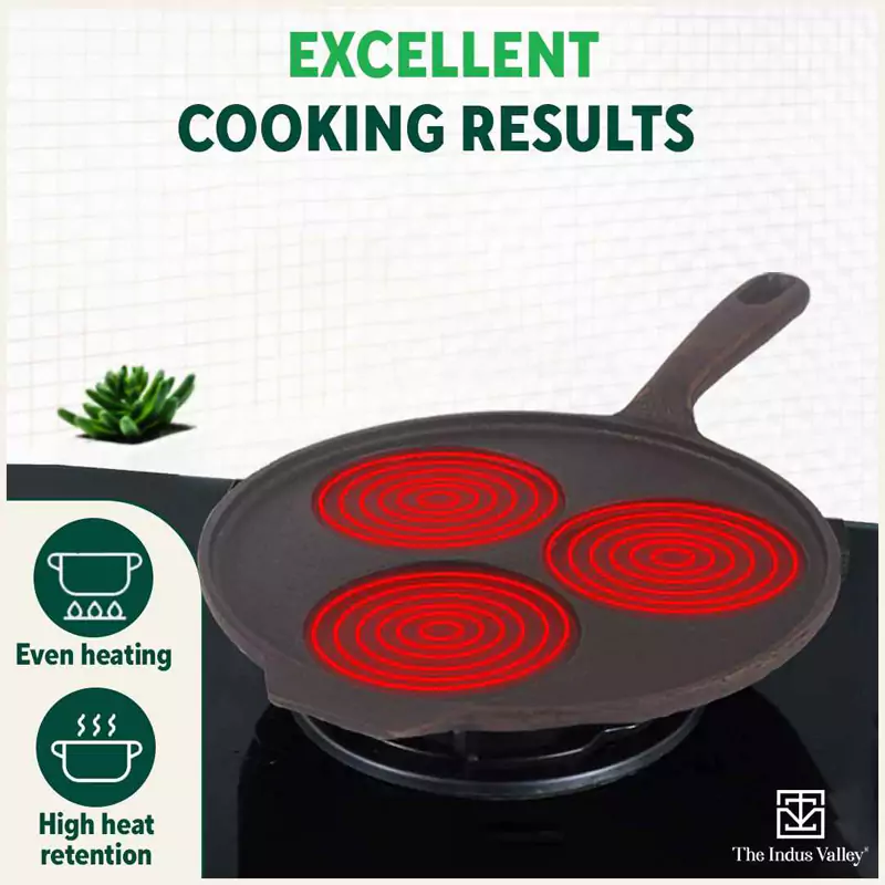 CASTrong Cast Iron Uttapam/ Set Dosa Tawa 23cm, 3 Pit, Pre-seasoned, 100% Pure, Toxin-free, Induction - Image 7