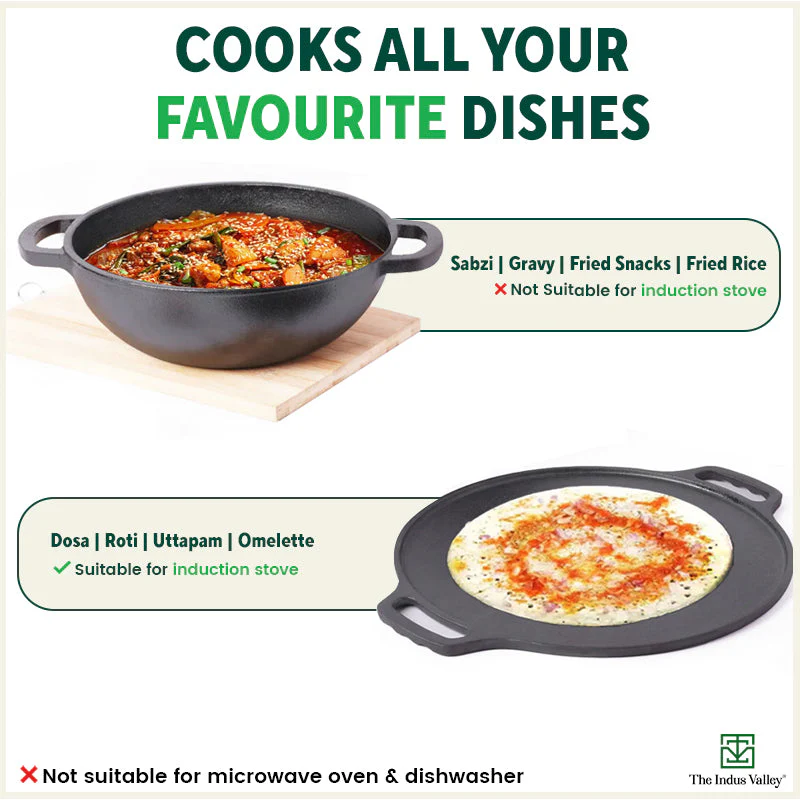 CASTrong Thick Cast Iron 25.4cm Kadai+30.2cm Tawa+Free ₹110 Spatula,Kitchen set for Home, Pre-seasoned,100% Pure,Toxin-free - Image 10