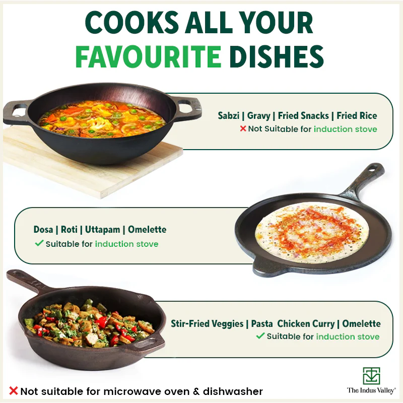 Super Smooth Cast Iron Set: (2.5L)Kadai+ Tawa+ (1.7L)Frypan, Kitchen set for Home, Naturally Nonstick, 100% Pure, Toxin-free, Free 400 Tadka Pan - Image 11