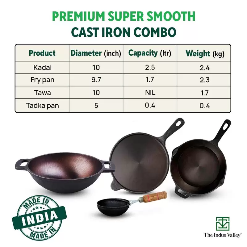 Super Smooth Cast Iron Set: (2.5L)Kadai+ Tawa+ (1.7L)Frypan, Kitchen set for Home, Naturally Nonstick, 100% Pure, Toxin-free, Free 400 Tadka Pan - Image 3