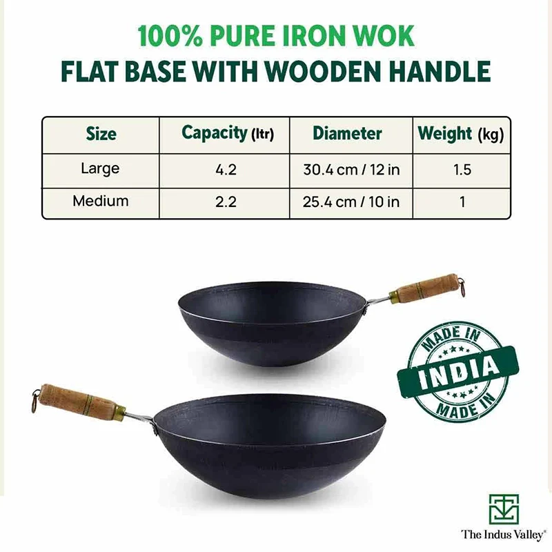 100% Pure Iron Wok 2.2/4.2L with Wooden Handle, Toxin-free Sheet Iron, Pre-seasoned 1/1.5kg - Image 3