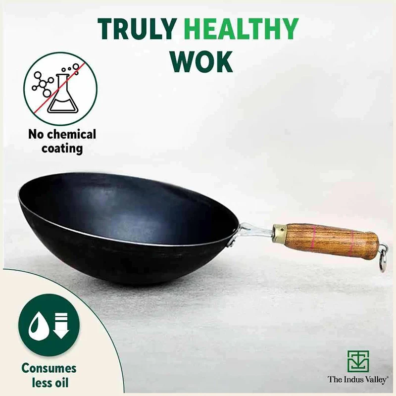 100% Pure Iron Wok 2.2/4.2L with Wooden Handle, Toxin-free Sheet Iron, Pre-seasoned 1/1.5kg - Image 4