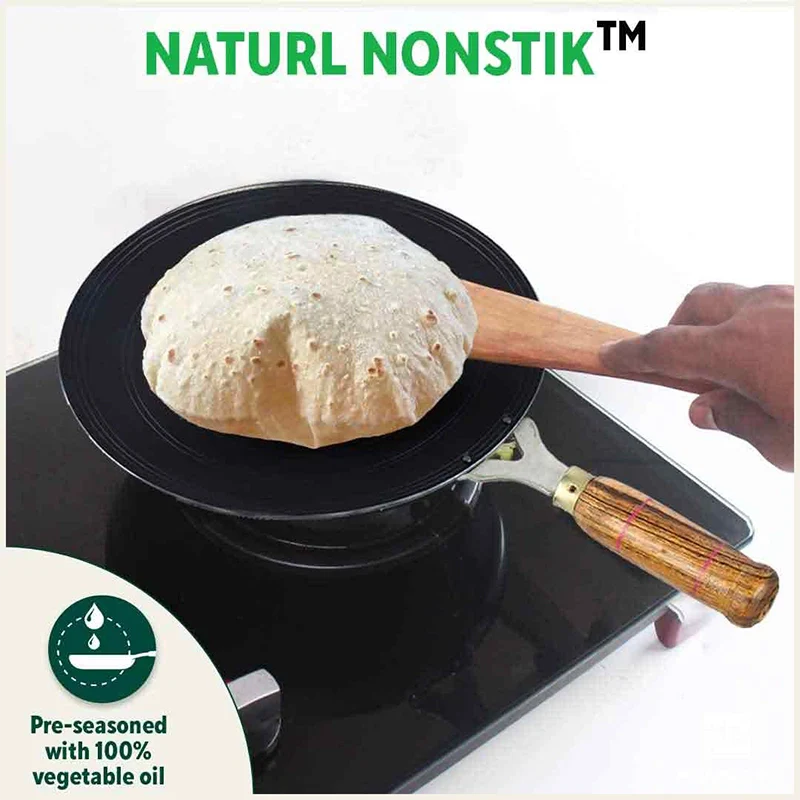 100% Pure Sheet Iron Tawa, Concave, Toxin-free, Seasoned, Wooden Handle, 25.5cm, 0.9kg - Image 6