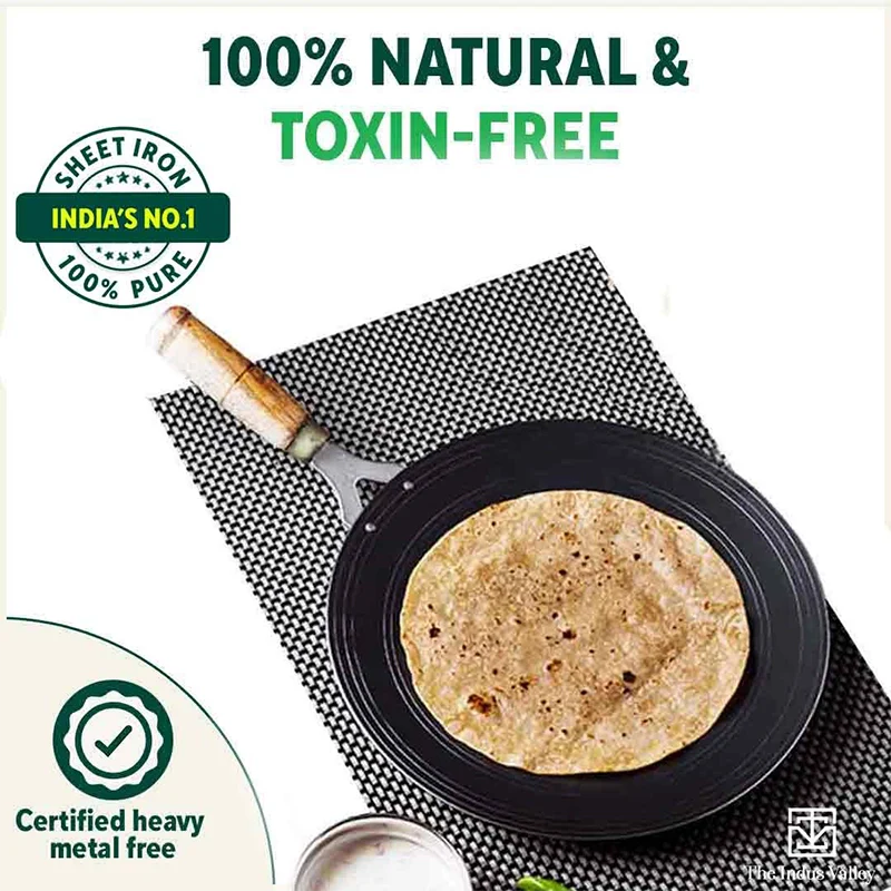 100% Pure Sheet Iron Tawa, Concave, Toxin-free, Seasoned, Wooden Handle, 25.5cm, 0.9kg - Image 9
