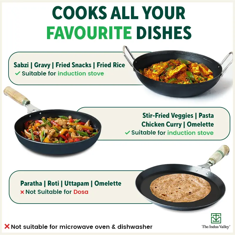 100% Pure Iron Cookware Set: (25.4cm)Kadai+ (26.3cm)Tawa+ (25.4cm)Fry Pan, Toxin-free Sheet Iron, Pre-seasoned, Induction & Gas, Kitchen Set for Home, Free ₹400 Tadka Pan - Image 11