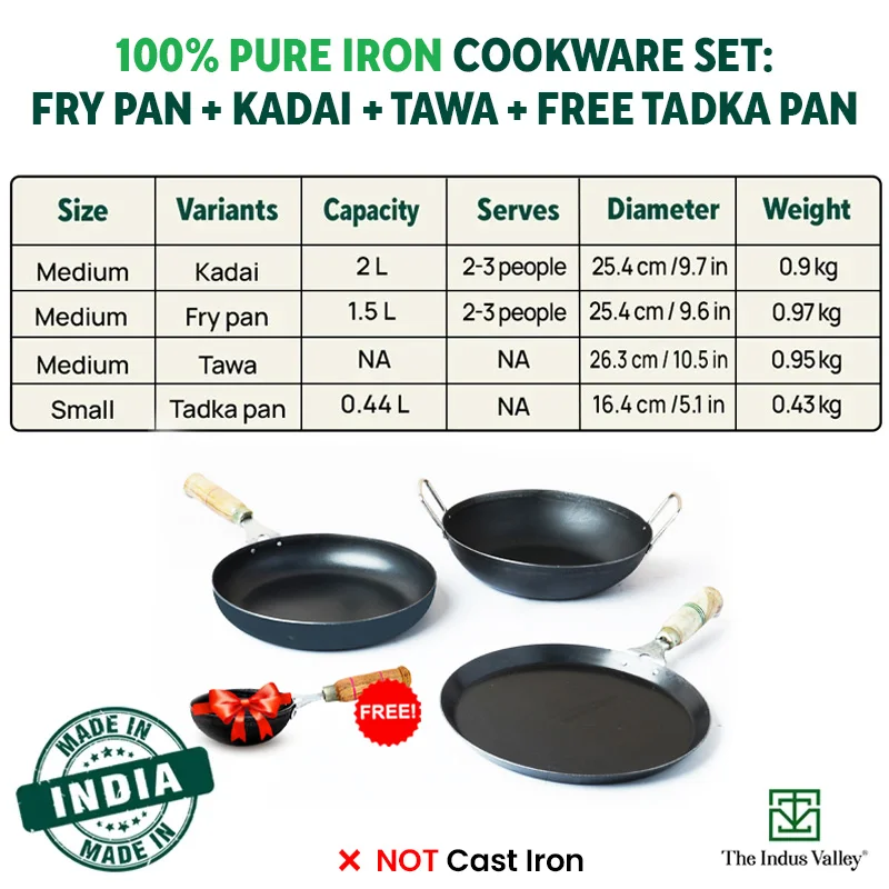 100% Pure Iron Cookware Set: (25.4cm)Kadai+ (26.3cm)Tawa+ (25.4cm)Fry Pan, Toxin-free Sheet Iron, Pre-seasoned, Induction & Gas, Kitchen Set for Home, Free ₹400 Tadka Pan - Image 3