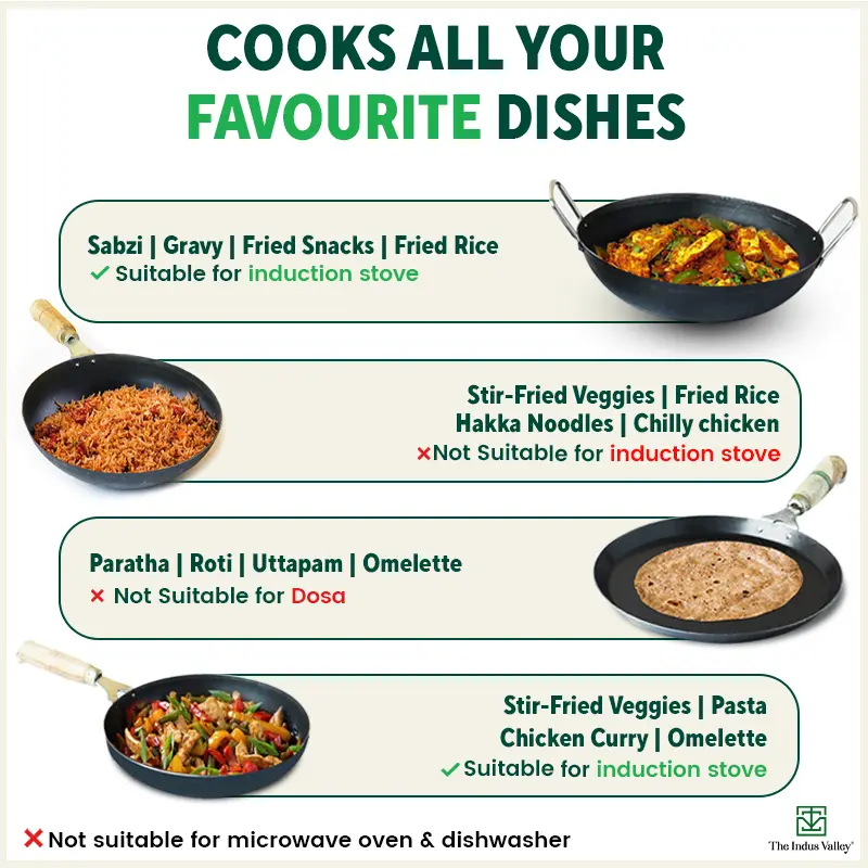 100% Pure Iron Cookware Set: (26.3cm)Tawa+ (25.4cm)Fry Pan+(25.4cm) Wok, Toxin-free Sheet Iron, Pre-seasoned, Induction & Gas, Kitchen Set for Home, Free ₹799 Kadai - Image 11