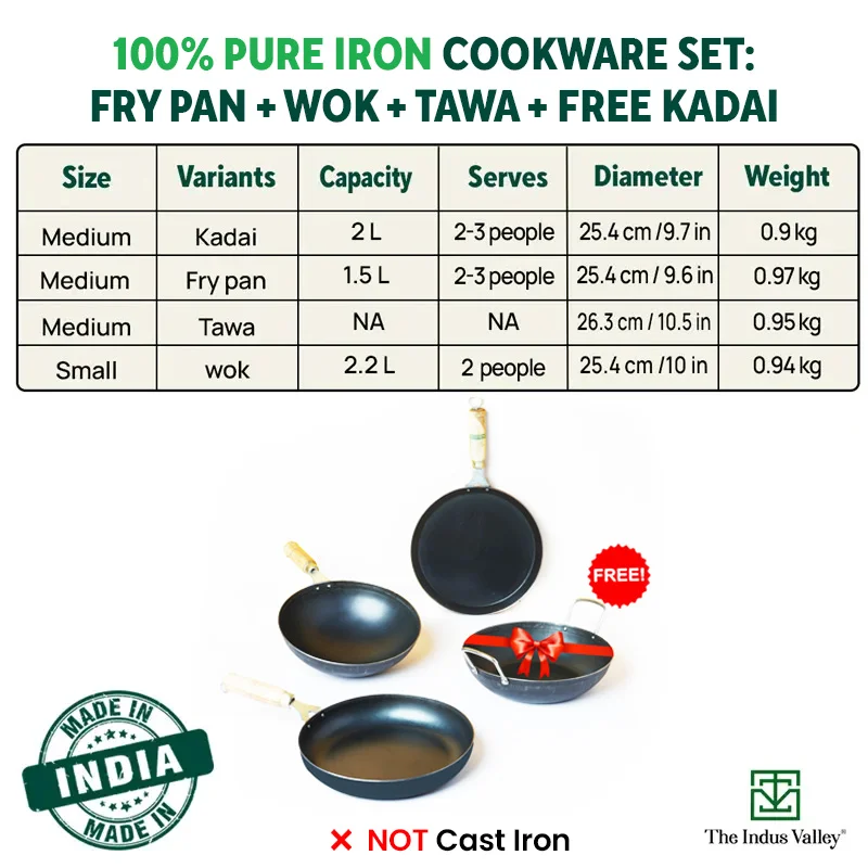 100% Pure Iron Cookware Set: (26.3cm)Tawa+ (25.4cm)Fry Pan+(25.4cm) Wok, Toxin-free Sheet Iron, Pre-seasoned, Induction & Gas, Kitchen Set for Home, Free ₹799 Kadai - Image 3