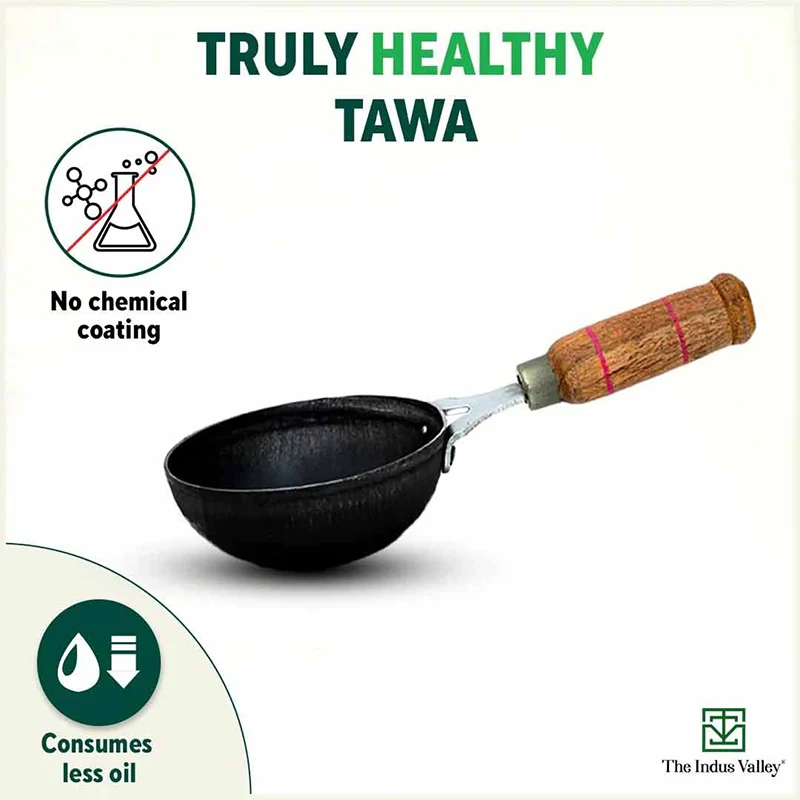 100% Pure Sheet Iron Tadka Pan 0.8/0.43ml with Wooden/Silicone Handle, Seasoned, Toxin-free - Image 3