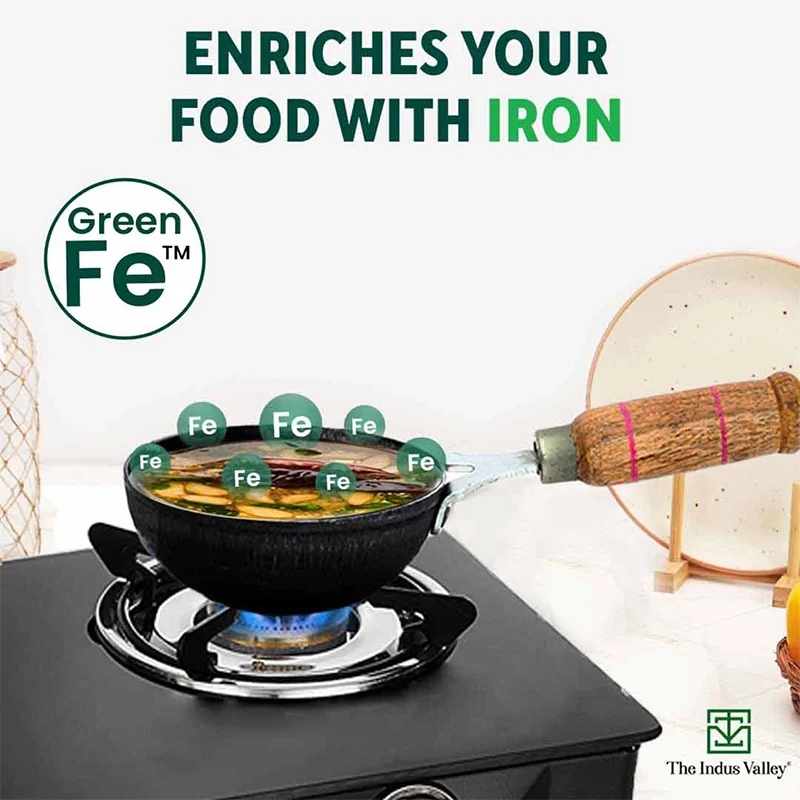 100% Pure Sheet Iron Tadka Pan 0.8/0.43ml with Wooden/Silicone Handle, Seasoned, Toxin-free - Image 4