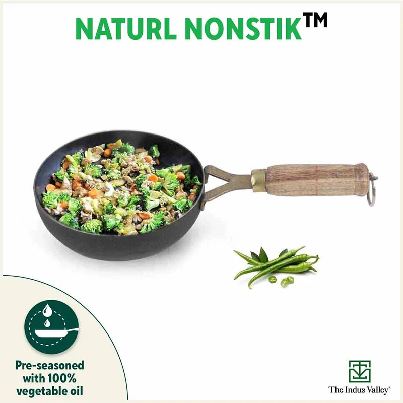 100% Pure Sheet Iron Tadka Pan 0.8/0.43ml with Wooden/Silicone Handle, Seasoned, Toxin-free - Image 5