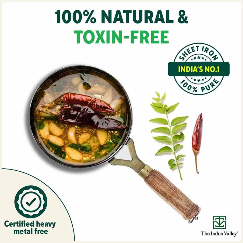 100% Pure Sheet Iron Tadka Pan 0.8/0.43ml with Wooden/Silicone Handle, Seasoned, Toxin-free - Image 7