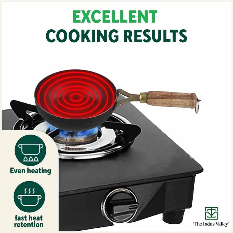 100% Pure Sheet Iron Tadka Pan 0.8/0.43ml with Wooden/Silicone Handle, Seasoned, Toxin-free - Image 8