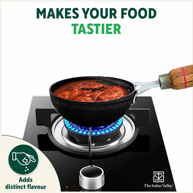 100% Pure Sheet Iron Tadka Pan 0.8/0.43ml with Wooden/Silicone Handle, Seasoned, Toxin-free - Image 9