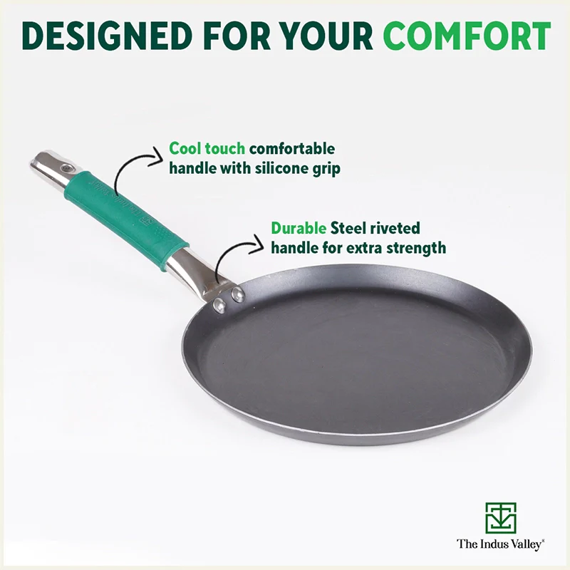 Pure Sheet Iron Tawa 26 cm, Steel Cool Touch Handle & Silicone Grip, Pre-seasoned, Toxin-free, Induction 1 Kg - Image 3