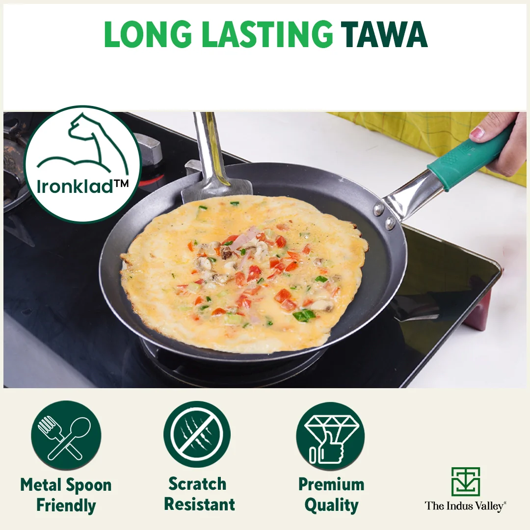 Pure Sheet Iron Tawa 26 cm, Steel Cool Touch Handle & Silicone Grip, Pre-seasoned, Toxin-free, Induction 1 Kg - Image 6
