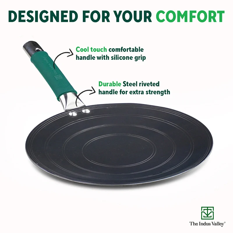 Pure Sheet Iron Concave Tawa 27 cm, Steel Cool Touch Handle & Silicone Grip, Pre-seasoned, Toxin-free - Image 3