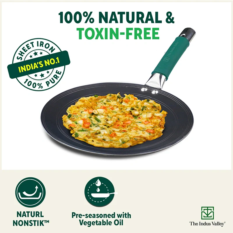 Pure Sheet Iron Concave Tawa 27 cm, Steel Cool Touch Handle & Silicone Grip, Pre-seasoned, Toxin-free - Image 5