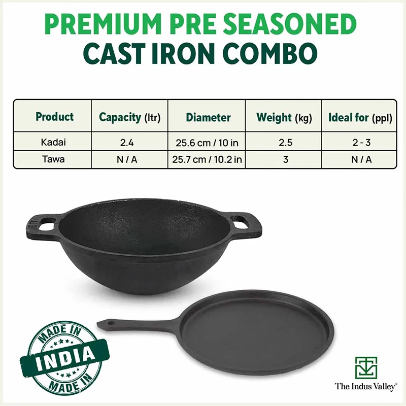 CASTrong Cast Iron Cookware Set: (25.7cm)Tawa+ (25.6cm)Kadai (Wok model), Kitchen Set for Home, Pre-seasoned, 100% Pure, Toxin-free, Free ₹400 Tadka Pan - Image 2