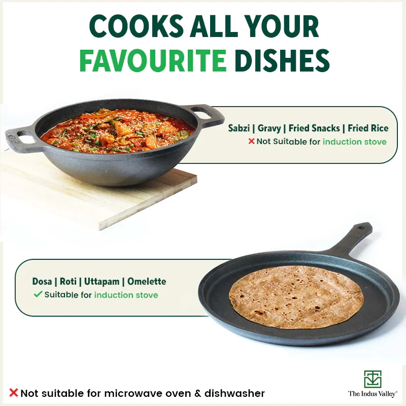 CASTrong Cast Iron Cookware Set: (25.7cm)Tawa+ (25.6cm)Kadai (Wok model), Kitchen Set for Home, Pre-seasoned, 100% Pure, Toxin-free, Free ₹400 Tadka Pan - Image 9