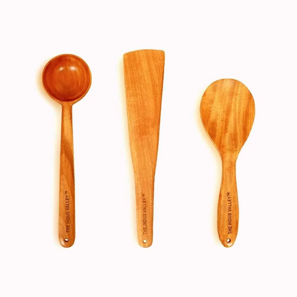 Set of 3 - 100% Natural Neem Wood Cooking & Serving Spoons/Spatula/Ladles, Toxin-free, Anti-microbial - Image 2