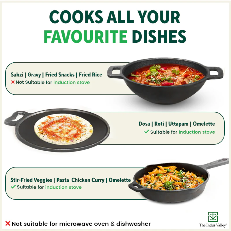 Super Smooth Cast Iron Set: (25.4cm)Frypan+ (25.4cm)Kadai+ (30.5cm)Tawa, Kitchen set for Home, Naturally Nonstick, 100% Pure,Toxin-free, Free 400 Tadka Pan - Image 11