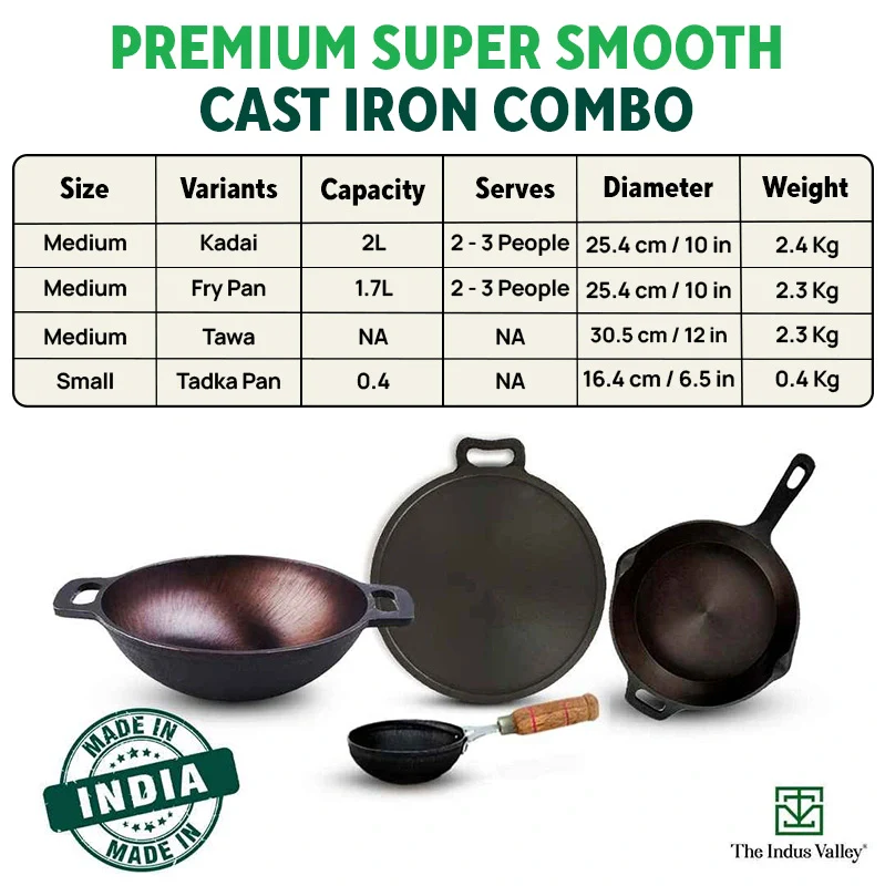 Super Smooth Cast Iron Set: (25.4cm)Frypan+ (25.4cm)Kadai+ (30.5cm)Tawa, Kitchen set for Home, Naturally Nonstick, 100% Pure,Toxin-free, Free 400 Tadka Pan - Image 3