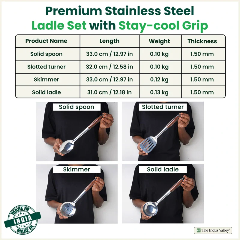 Premium Stainless Steel Ladle Set with Woody Handle Set of 4 | Solid Spoon, Slotted Turner, Skimmer & Ladle | Heat-Resistant, 100% Food-Safe, Rust-Free, Easy to Clean - Image 2