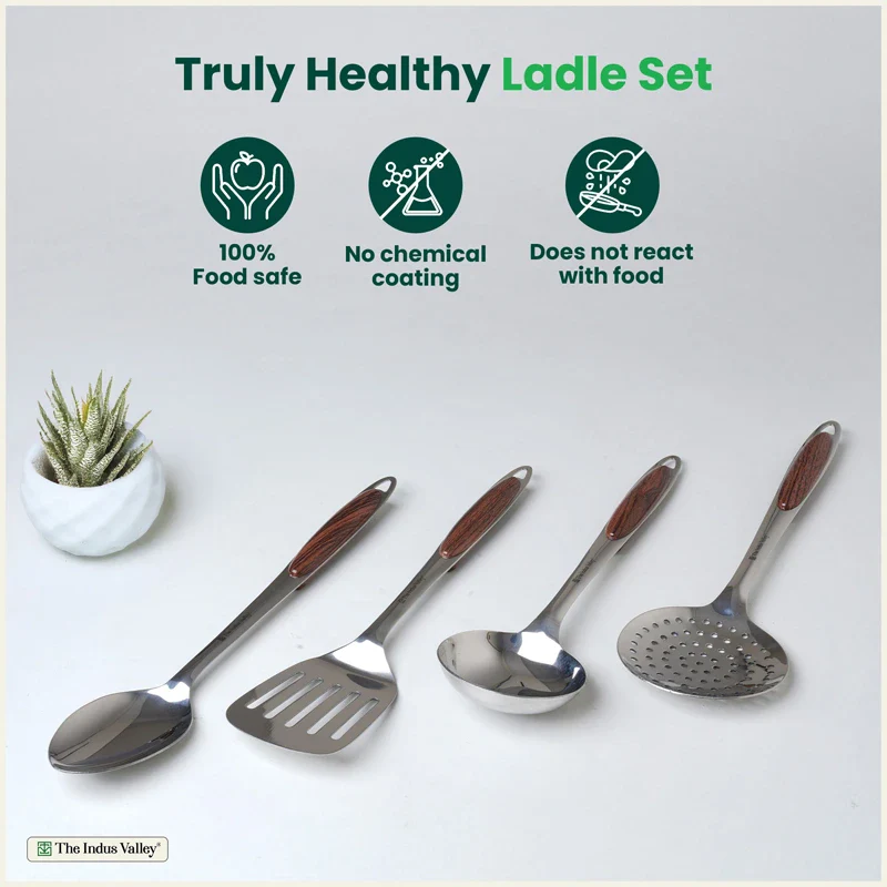 Premium Stainless Steel Ladle Set with Woody Handle Set of 4 | Solid Spoon, Slotted Turner, Skimmer & Ladle | Heat-Resistant, 100% Food-Safe, Rust-Free, Easy to Clean - Image 3