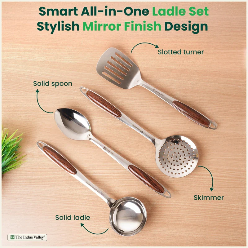 Premium Stainless Steel Ladle Set with Woody Handle Set of 4 | Solid Spoon, Slotted Turner, Skimmer & Ladle | Heat-Resistant, 100% Food-Safe, Rust-Free, Easy to Clean - Image 4