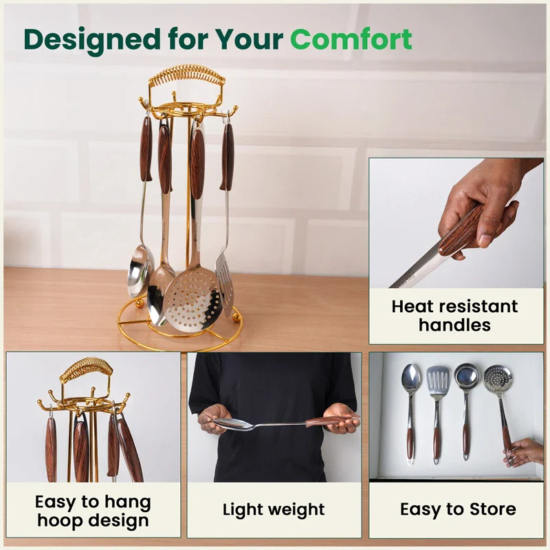 Premium Stainless Steel Ladle Set with Woody Handle Set of 4 | Solid Spoon, Slotted Turner, Skimmer & Ladle | Heat-Resistant, 100% Food-Safe, Rust-Free, Easy to Clean - Image 5