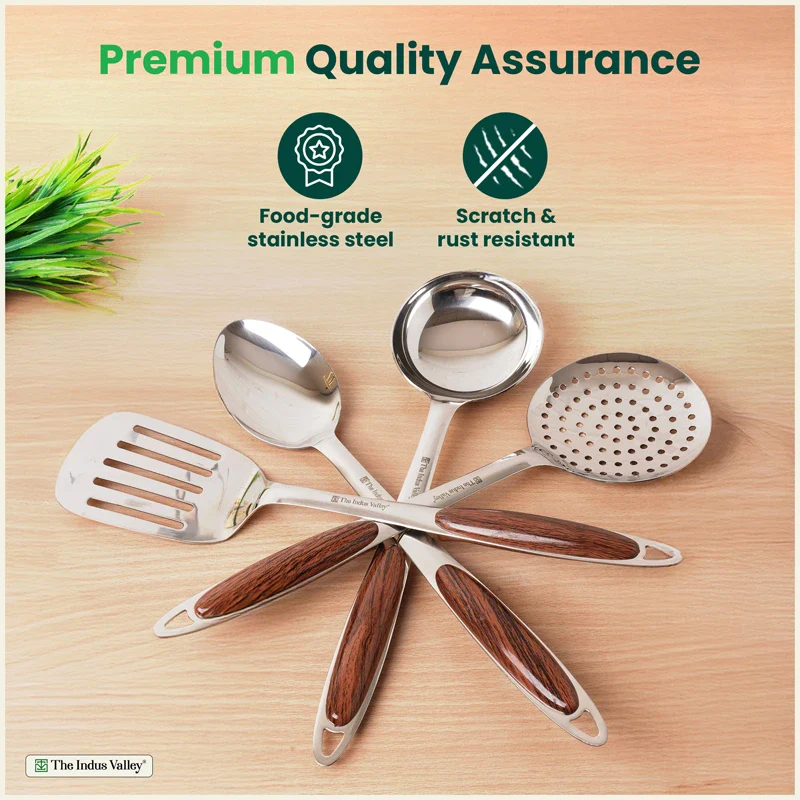 Premium Stainless Steel Ladle Set with Woody Handle Set of 4 | Solid Spoon, Slotted Turner, Skimmer & Ladle | Heat-Resistant, 100% Food-Safe, Rust-Free, Easy to Clean - Image 6