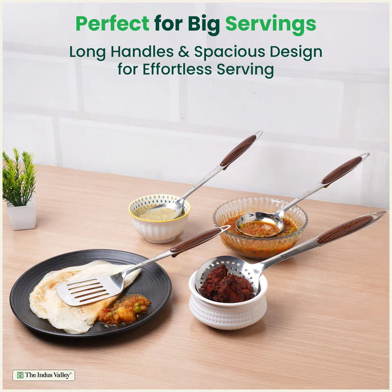Premium Stainless Steel Ladle Set with Woody Handle Set of 4 | Solid Spoon, Slotted Turner, Skimmer & Ladle | Heat-Resistant, 100% Food-Safe, Rust-Free, Easy to Clean - Image 7