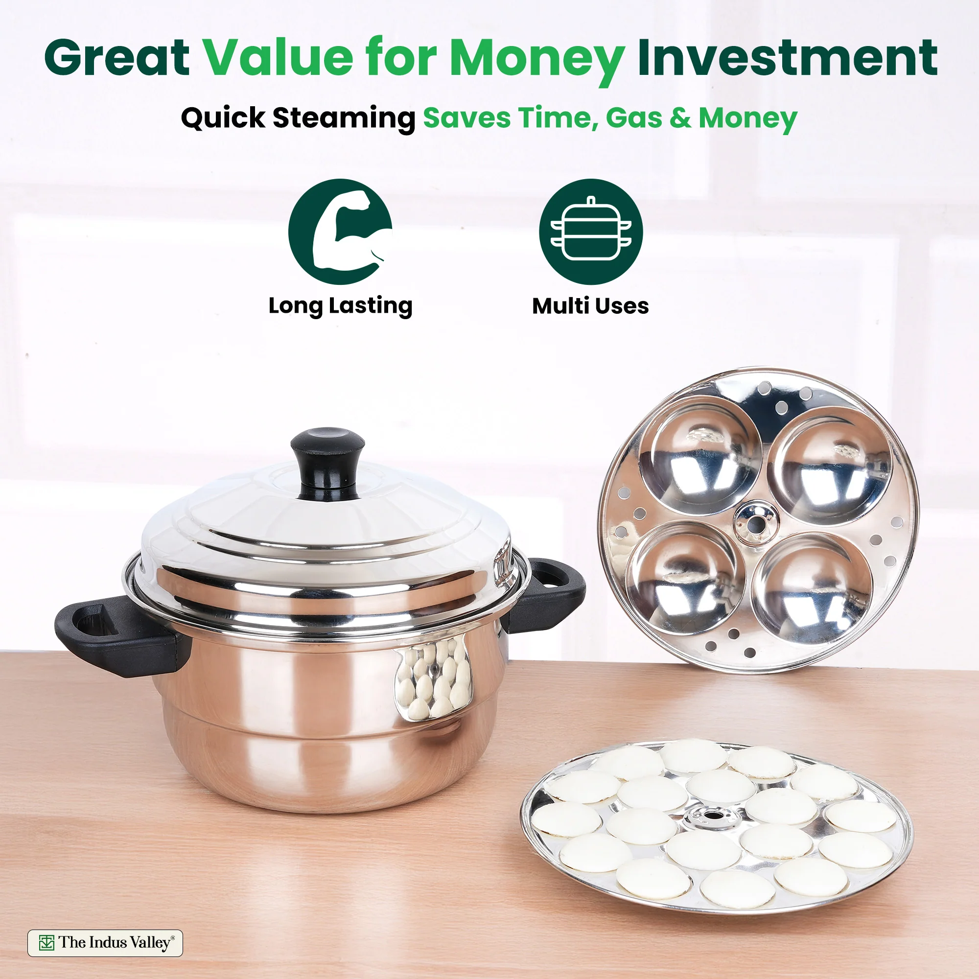 Premium Stainless Steel idlipot regular with mini idli plates-(3+1) Idli/ Momo Maker/ Veg Steaming Set, Tri-ply Induction Bottom, 4 Plates - Image 4
