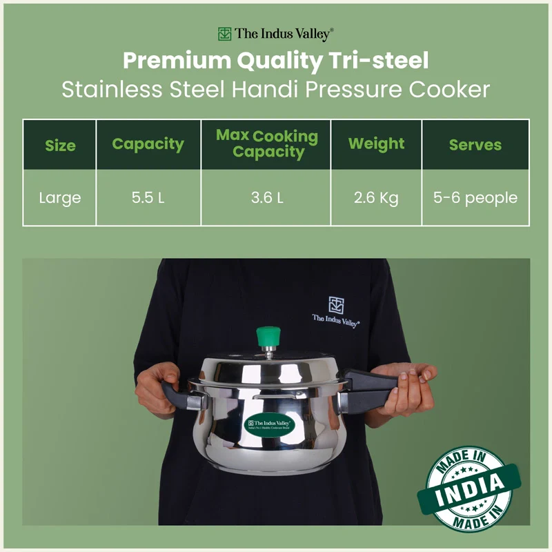Premium Stainless Steel Outer Lid Handi Pressure Cooker 5.5L, Premium Quality, Heavy Bottom, 100% Safe, ISI Certified, 3 Yr Warranty, Induction & Gas - Image 2
