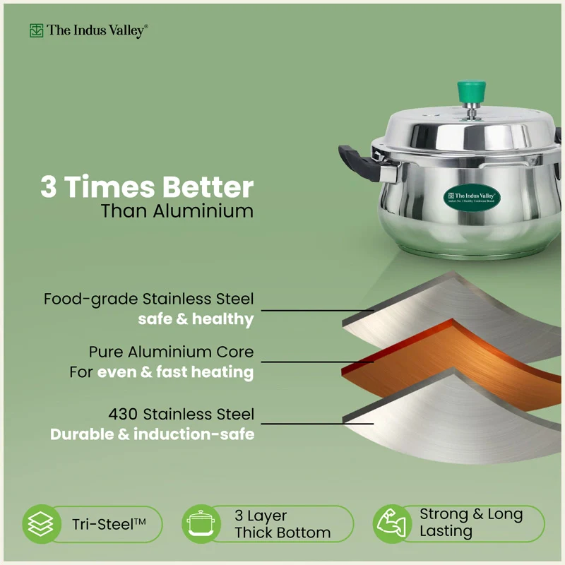 Premium Stainless Steel Outer Lid Handi Pressure Cooker 5.5L, Premium Quality, Heavy Bottom, 100% Safe, ISI Certified, 3 Yr Warranty, Induction & Gas - Image 4