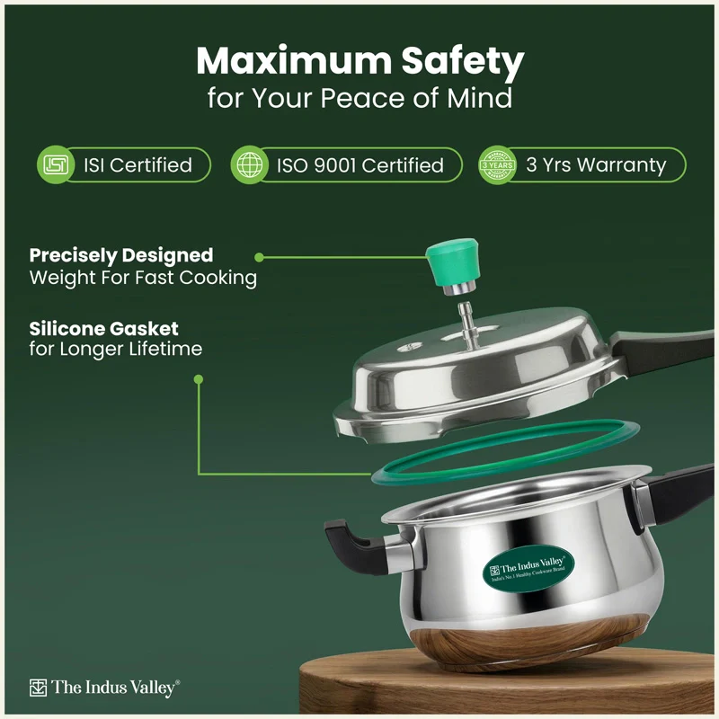 Premium Stainless Steel Outer Lid Handi Pressure Cooker 5.5L, Premium Quality, Heavy Bottom, 100% Safe, ISI Certified, 3 Yr Warranty, Induction & Gas - Image 5