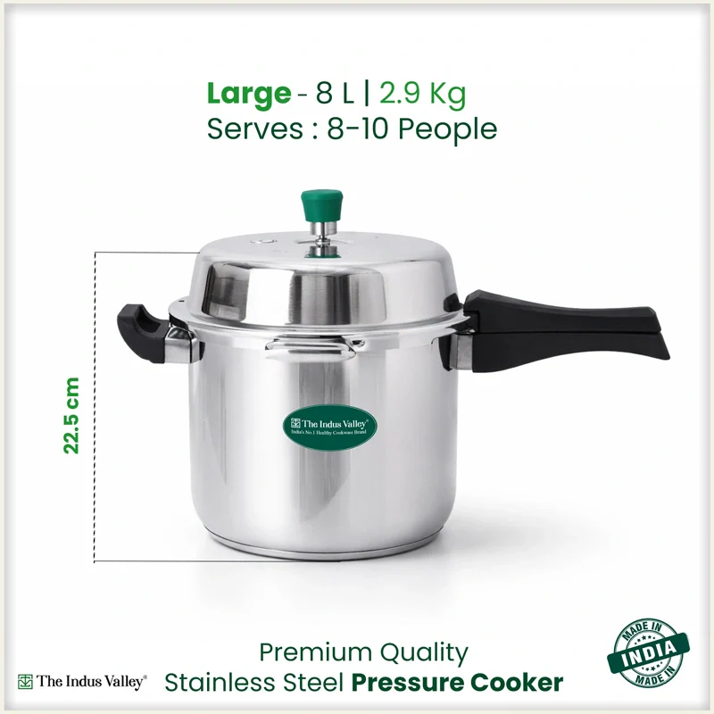Premium Stainless Steel Outer Lid Pressure Cooker 8L, Premium Quality, Heavy Bottom, 100% Safe, ISI Certified, 3 Yr Warranty, Induction & Gas - Image 2