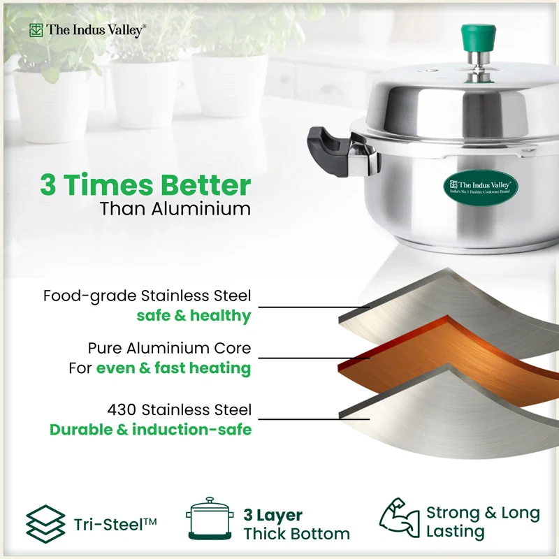 Premium Stainless Steel Outer Lid Pressure Pan 3/5L, Premium Quality, 3 Layer Heavy Bottom, 100% Food-safe, ISI Certified, 3 Yr Warranty, Induction & Gas - Image 4