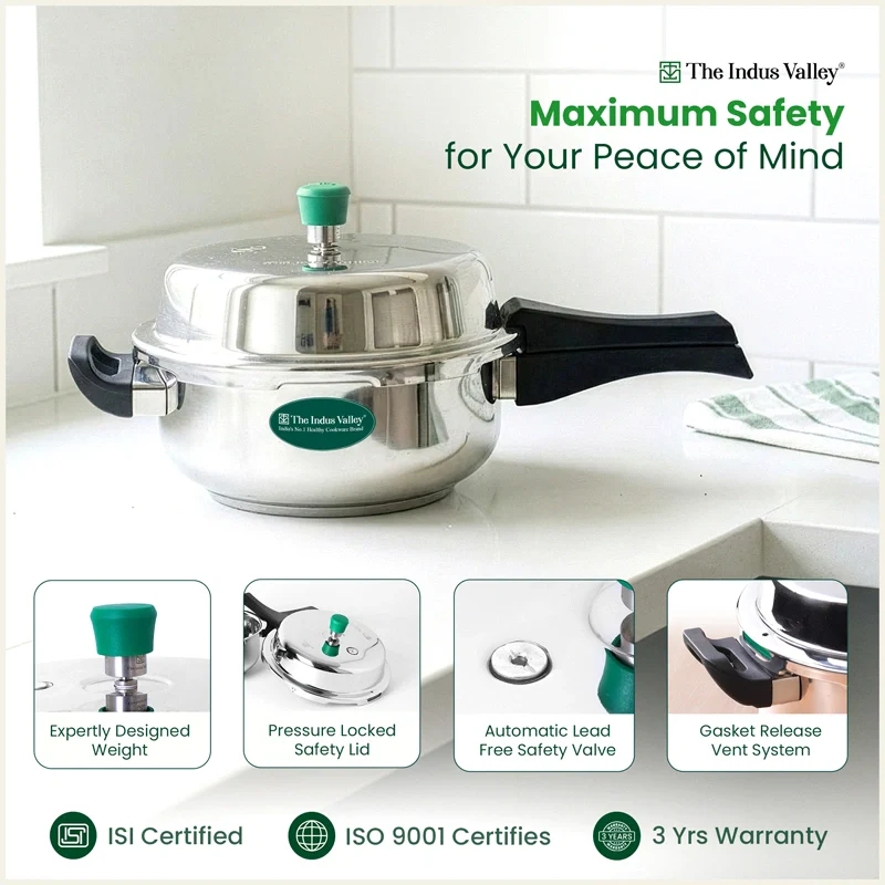 Premium Stainless Steel Outer Lid Pressure Pan 3/5L, Premium Quality, 3 Layer Heavy Bottom, 100% Food-safe, ISI Certified, 3 Yr Warranty, Induction & Gas - Image 5